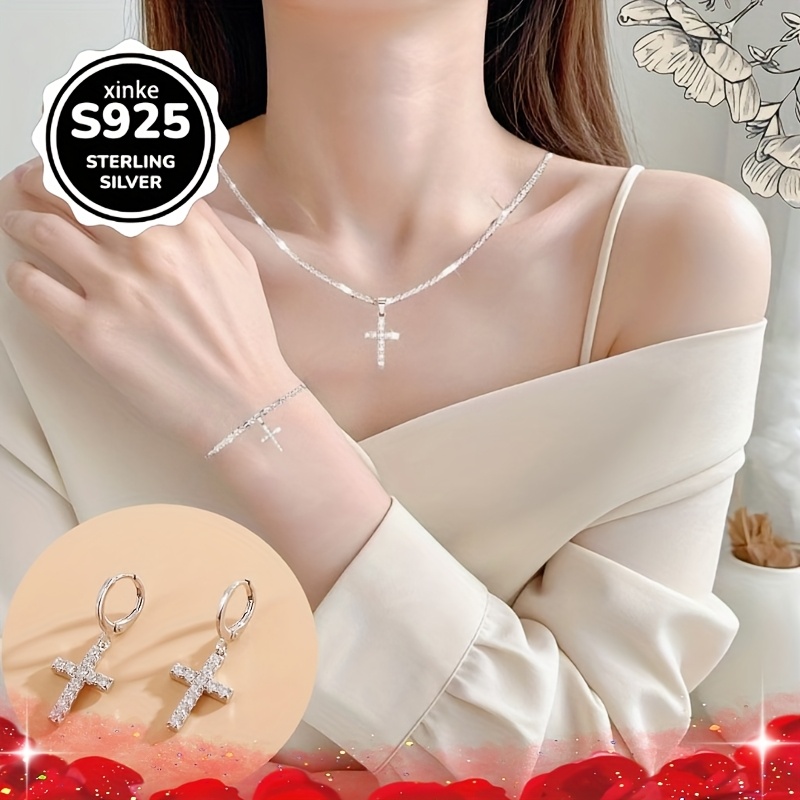 925 Silver Cross Pendant Set with Cubic Zirconia